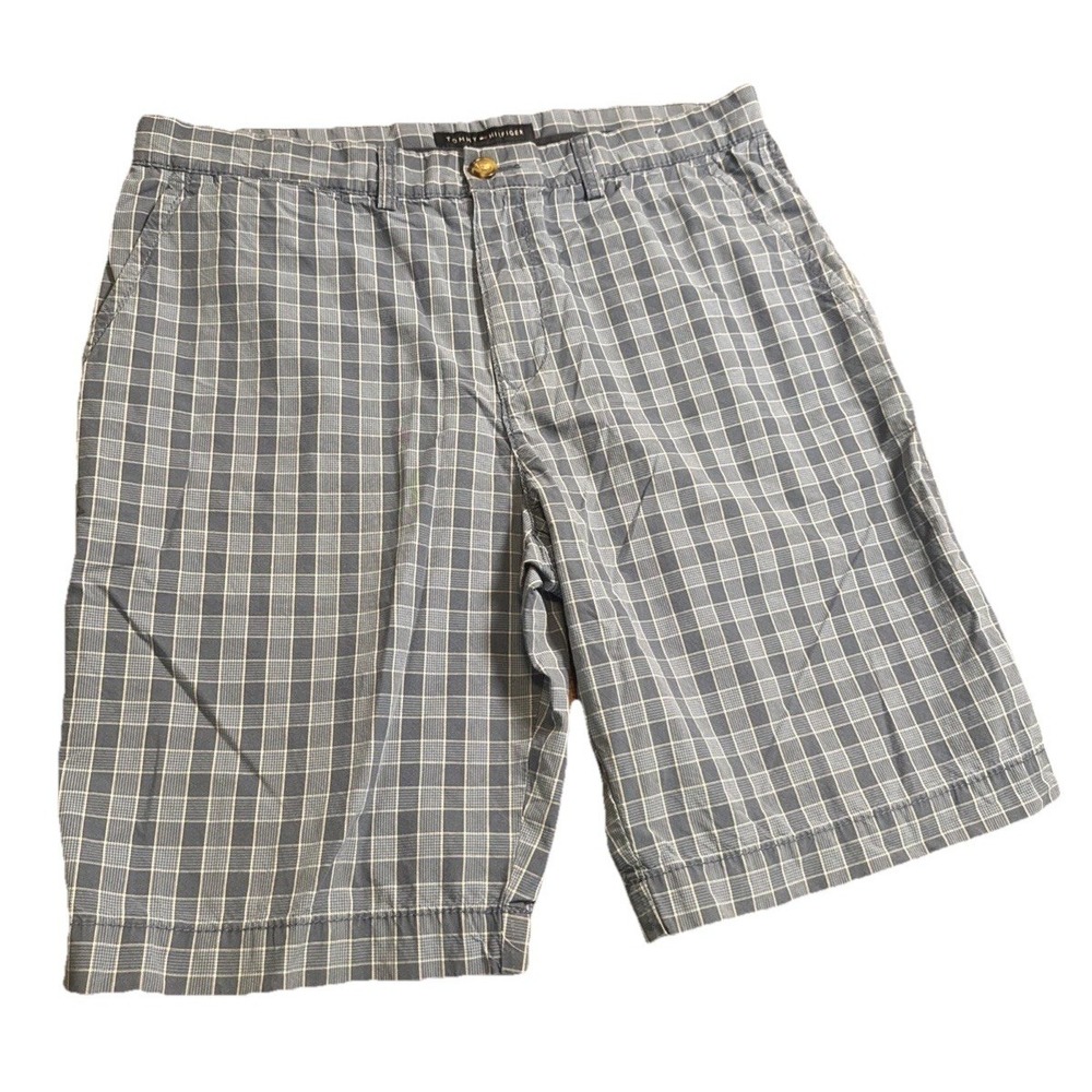 Tommy Hilfiger Shorts Mens 34 Blue‎ Plaid Flat Front Casual Chino Preppy